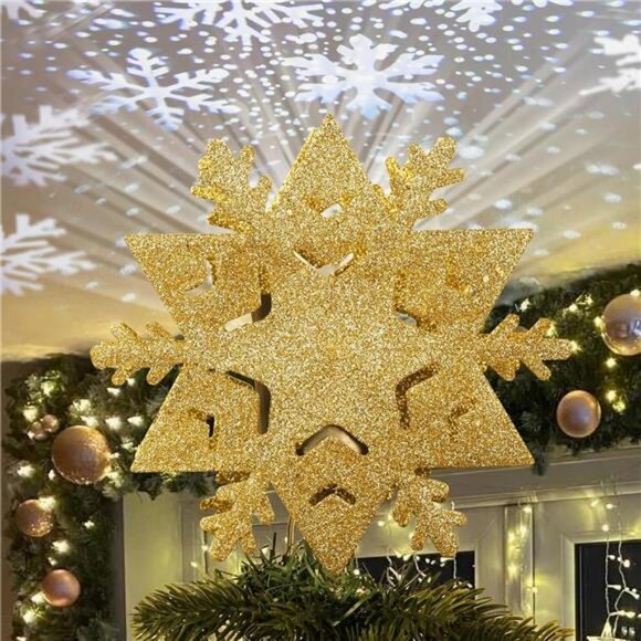 Christmas Tree Topper, 8" Gold Tree Star with Projector Lights 6-Pointed Lighted - Picture 1 of 8